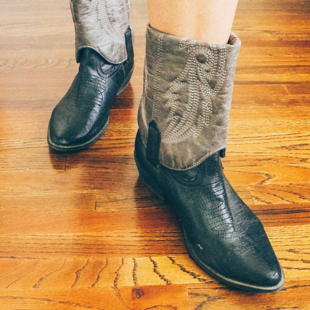 Folded Cowgirl Boots, Black & Grey: W8